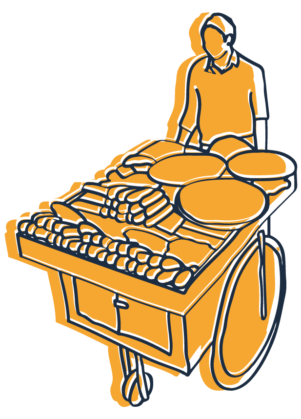 A graphic of a man pushing a cart.